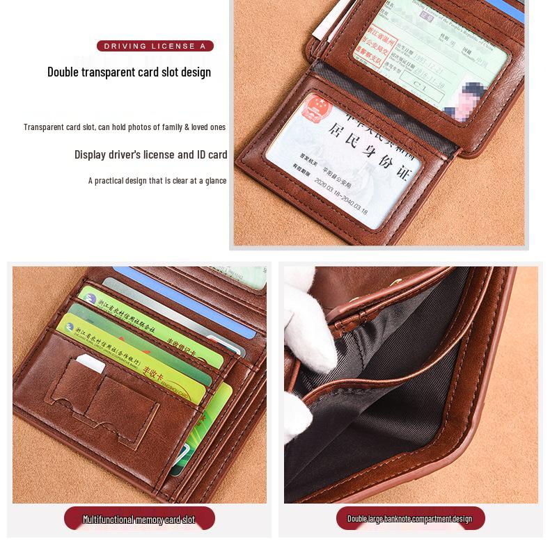 Men's Cross-Border Slim Tri-Fold Leather Wallet with ID and Card Holder