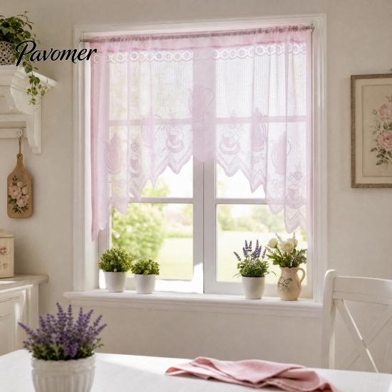 Retro Lace Curtain Half Curtain, Adjustable Lift Structure, Embroidery Floral Sheer Coffee Dustproof Window Screen Door