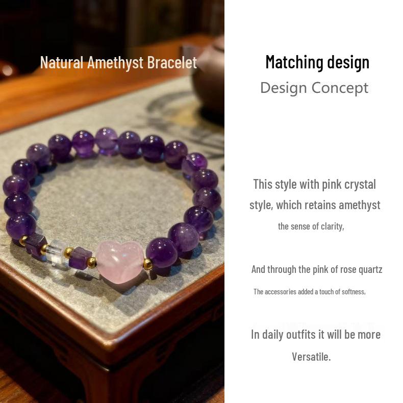 Natürliches Amethyst- und Rosa-Kristall-Perlenarmband - Einfacher Chinesischer Stil