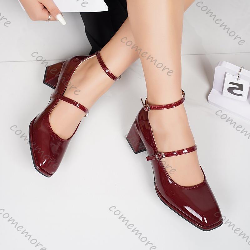 Fashion Comemore Square Head Mary Jane Shoes Women Spring Autumn Retro Belt Buckle Shallow Mouth Single Shoes Black Red High Heel Pumps