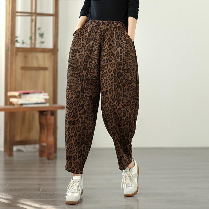 Plus Size Cotton Vintage Leopard High Waist Casual Loose Spring Autumn Harem Pants Women Trousers