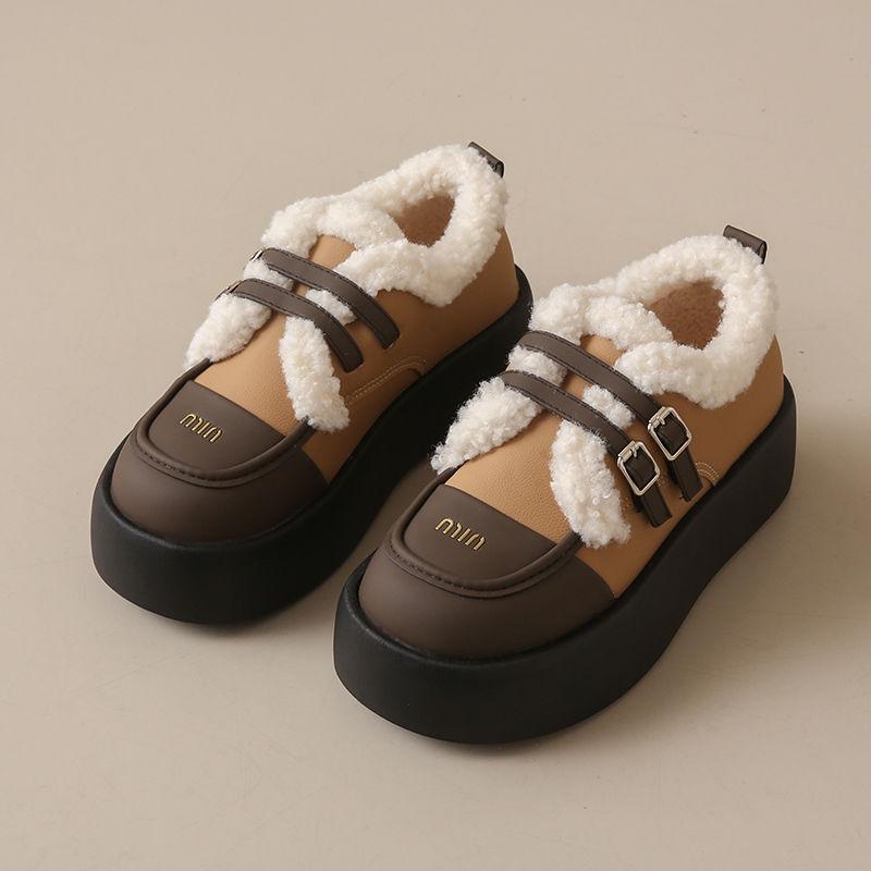 Dámské mokasíny na silné podrážce, kožené Mary Janes s velurovou podšívkou, podzimní/zimní teplé bavlněné boty, britský styl, off-white/černé.