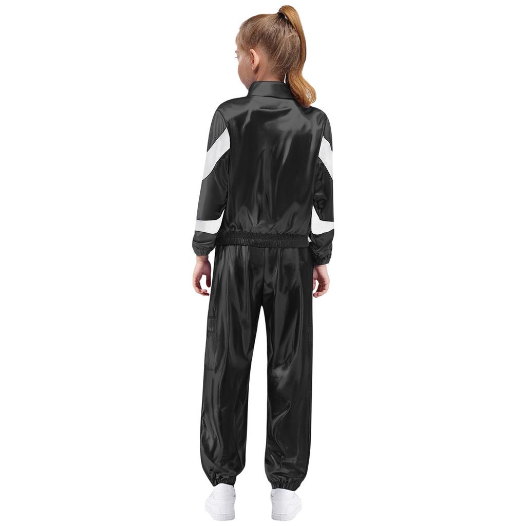 Mädchen Tanzjacke Mode Kontrastfarbe Langarm Stehkragen Metallischer Reißverschluss mit glänzendem Hosen-Set