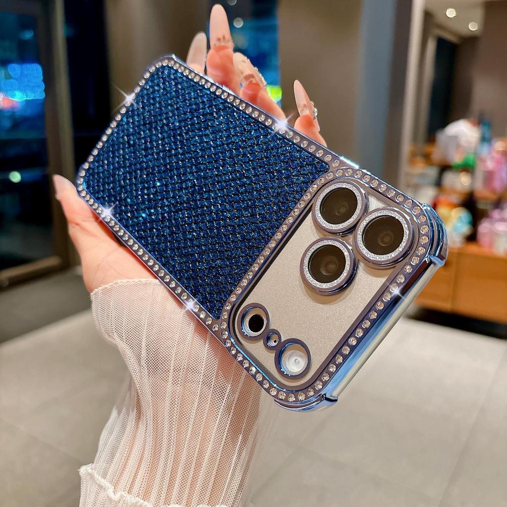 Glitter Diamond Lattice Phone Case with Rhinestones for Apple 17 Pro Max and 16, Four-Corner Drop-Proof, Fits 15