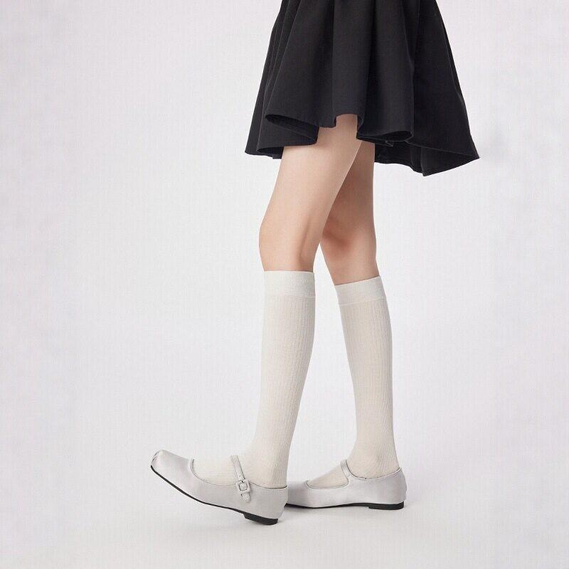 Miu Series Vertical Pattern Calf Socks Women'S Ballet Style Spring And Summer Thin Breathable Stacking Socks Knee Versatile Jk Long Cotton Socks