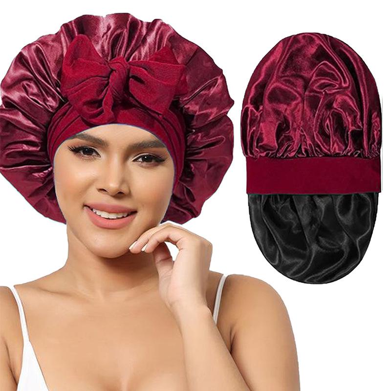 Women's Reversible Double-Layer Satin Nightcap with Ribbon - High Elasticity Round Hat for Hair Protection