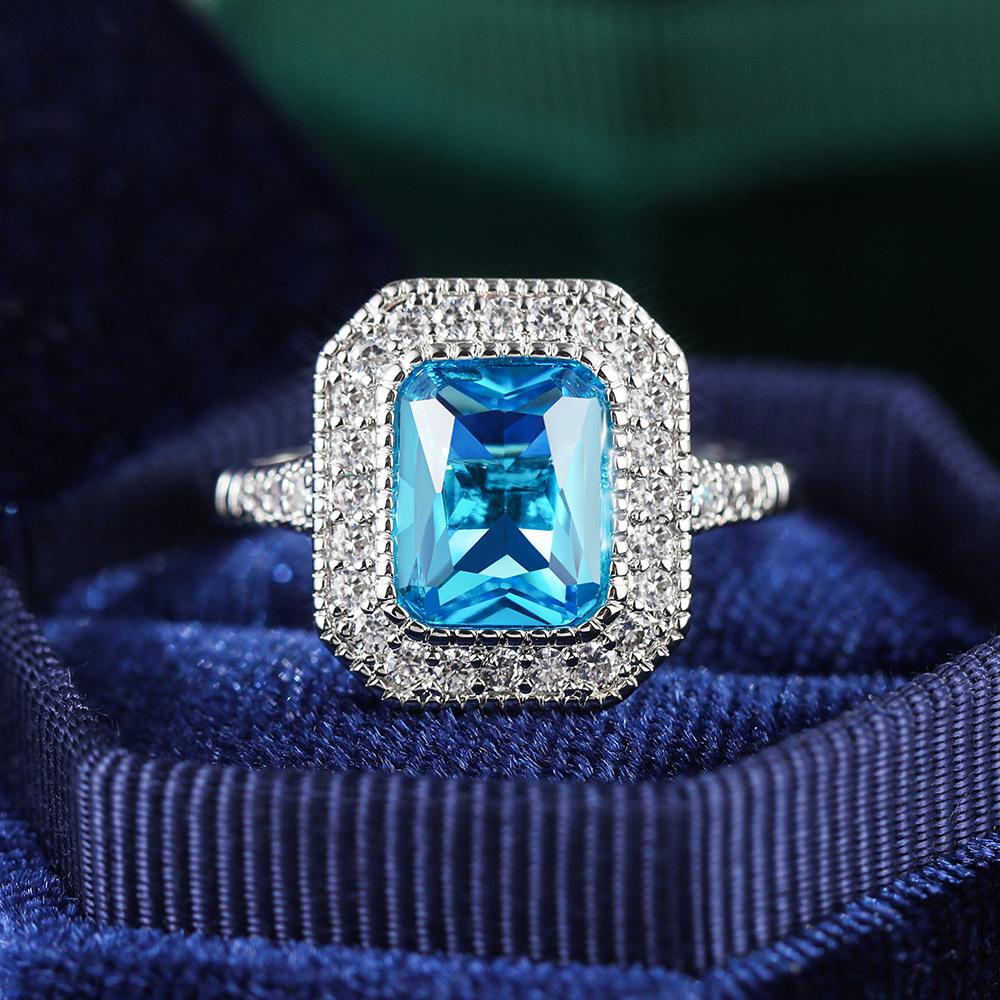 

Fashion Aquamarine Stone Rings For Women SSIlver Color Square Blue Zircon Wedding Engagement Ring 10 срібний