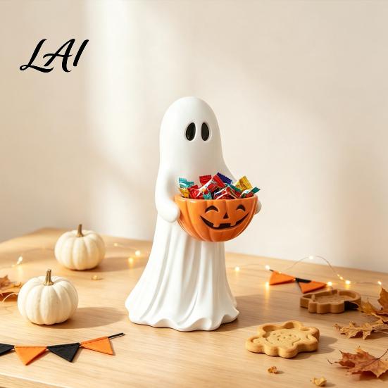 Vintage Style Ornament Halloween Ghost Figurine with Pumpkin Candy Bowl Cute Resin Statue Freestanding Desktop Light Trick or Treat Holder for Front