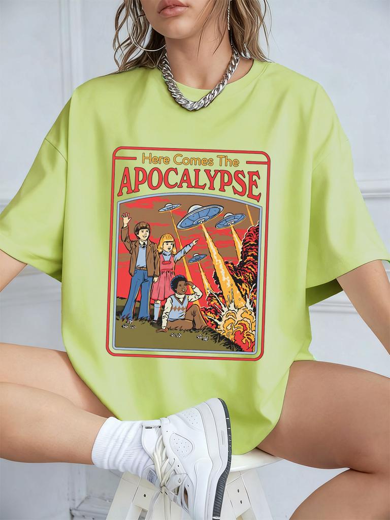 Here Comes The Apocalypse Ufo Prints TShirts Womens Summer Cotton Short Sleeve Tops Loose ONeck Soft T Shirt Street Clothes
