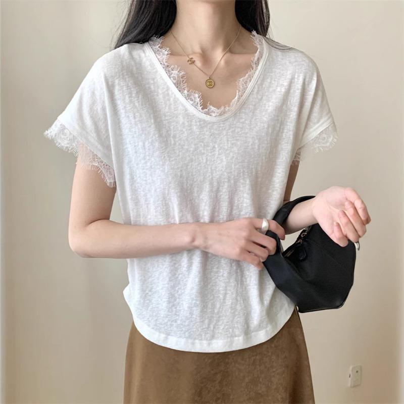 Summer Thin French Splicing Lace V-neck Small Flying Sleeve Short T-shirt Top S белый