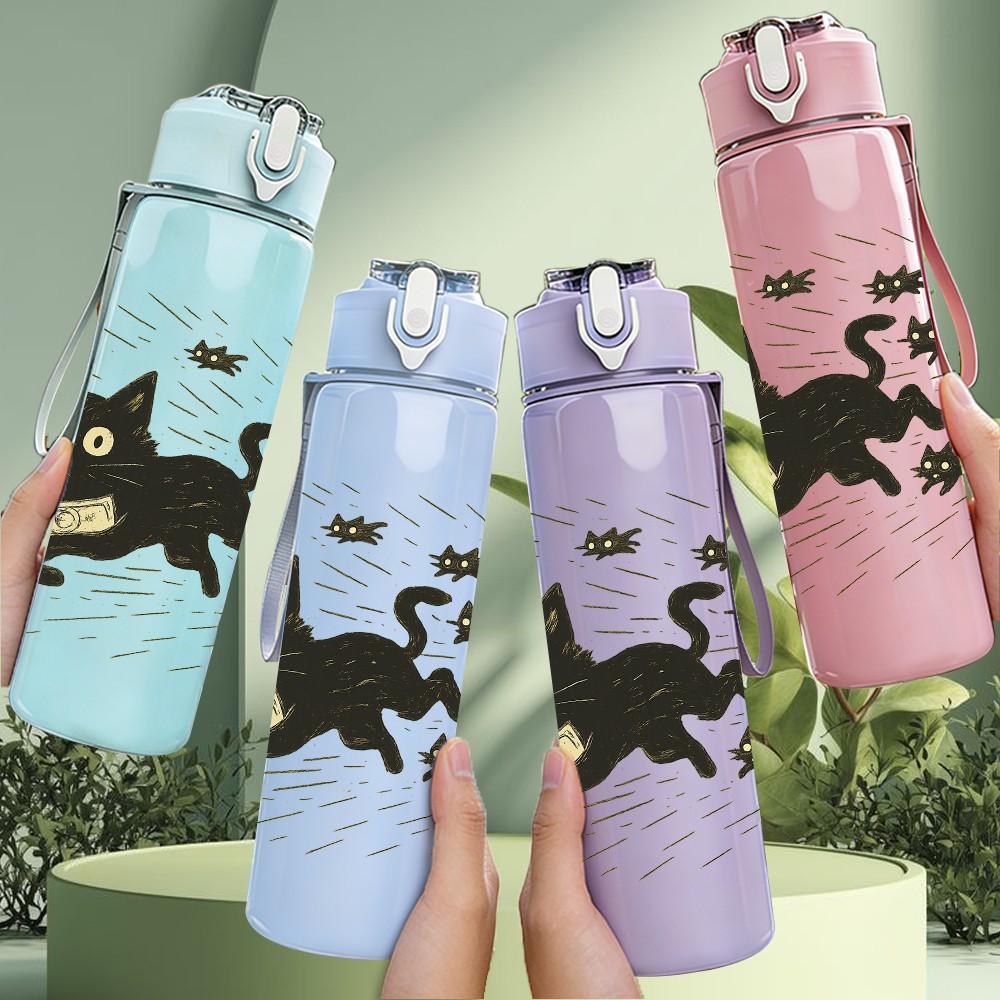 1PC Black Cat Flying Butterfly Layout 750ml Color Plastic Sports Water Bottle Leakproof Flip Straw Lid For Sports Office Home Use