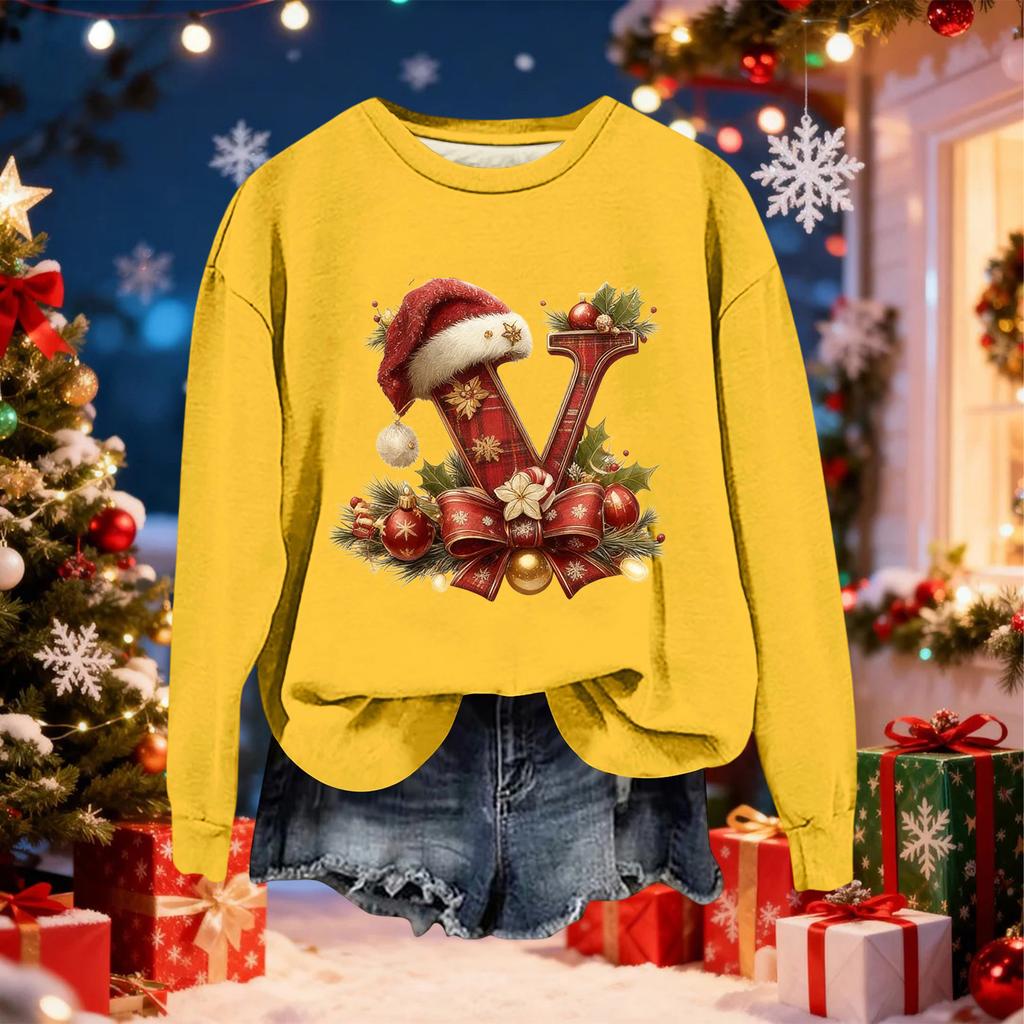 Women's Fashionable Casual Long-Sleeved Christmas Letter Print Crew-Neck Sweatshirt