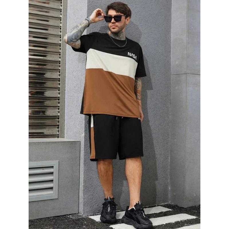 Pantaloni scurți sport cu mânecă scurtă pentru bărbați, set casual din două piese, jurnal de stradă, Harajuku, imprimeu digital lejer, vară,