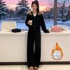 Korean Winter Outfit: Age-Reducing Fur Collar Hoodie & Loose Wide-Leg Pants Set