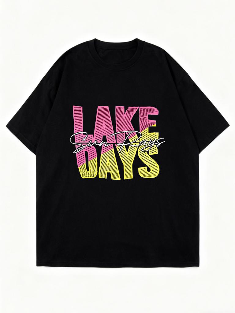 Lake Days Oversized T Shirt Black Pink And Yellow Gradient Text Sun Rays Print Summer Beach Vacation Wear