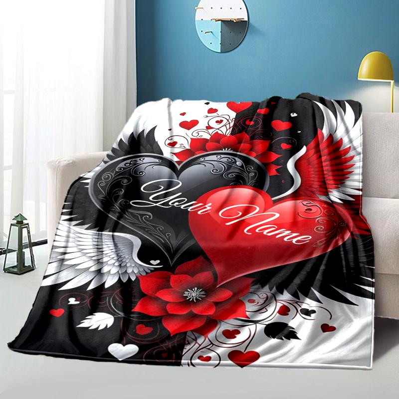 1PC Custom Name Love Wings Hearts Flannel blankets Patterns Throw Blanket All-Season Soft Gift for Couch, Bed, Camping gifts