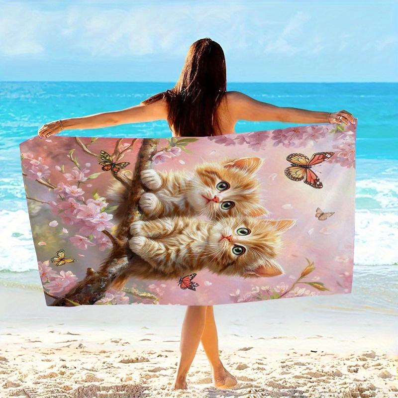 Asciugamano da Spiaggia Gatto Fiore di Primavera Gattino Farfalla Stampa Floreale Microfibra Morbido Asciugamano da Bagno per Nuoto Viaggio Campeggio Sport