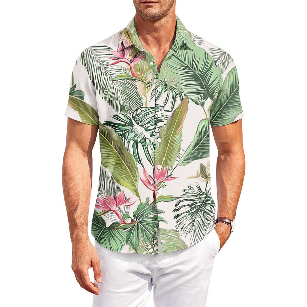 Men's Casual Loose Fit Hawaiian Print Short Sleeve Shirt Button Down Lapel Collar Lightweight Summer Top for Daily Wear