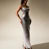 Innovative Fog Gold Fabric Dress, European and American Sexy Backless Back Split Square Neck Dress