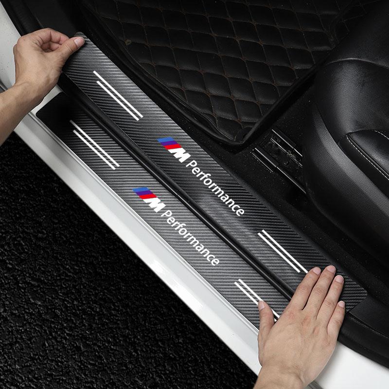 4Pcs Car Door Plate Carbon Fiber Threshold Protector Sticker Decals For BMW Performance Power M1 M2 M3 M4 M5 M6 M8 E36 E60 E46 E39 E46 E90 E60 F07 F10