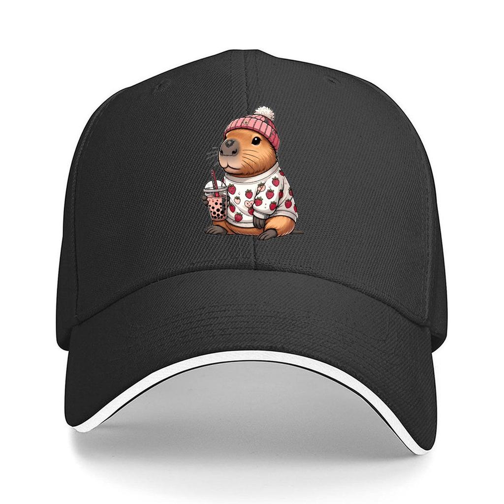 Cute Capybara Strawberry Sweater Holding Bubble Tea Sandwich Baseball Cap Unisex Women Sun Cap Outdoor Workouts Hat