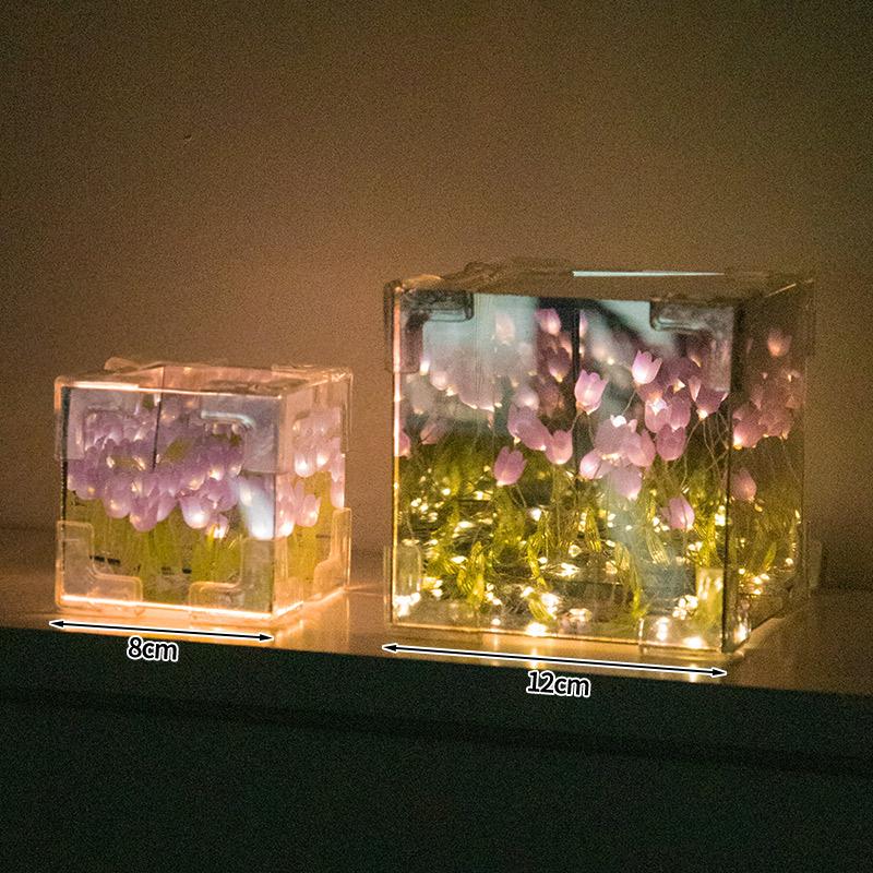 DIY Tulip Mirror Cube Lamp Handmade Craft Tulips Night Light Simulation Flower DIY Material Valentine's Day Decor Birthday Gifts