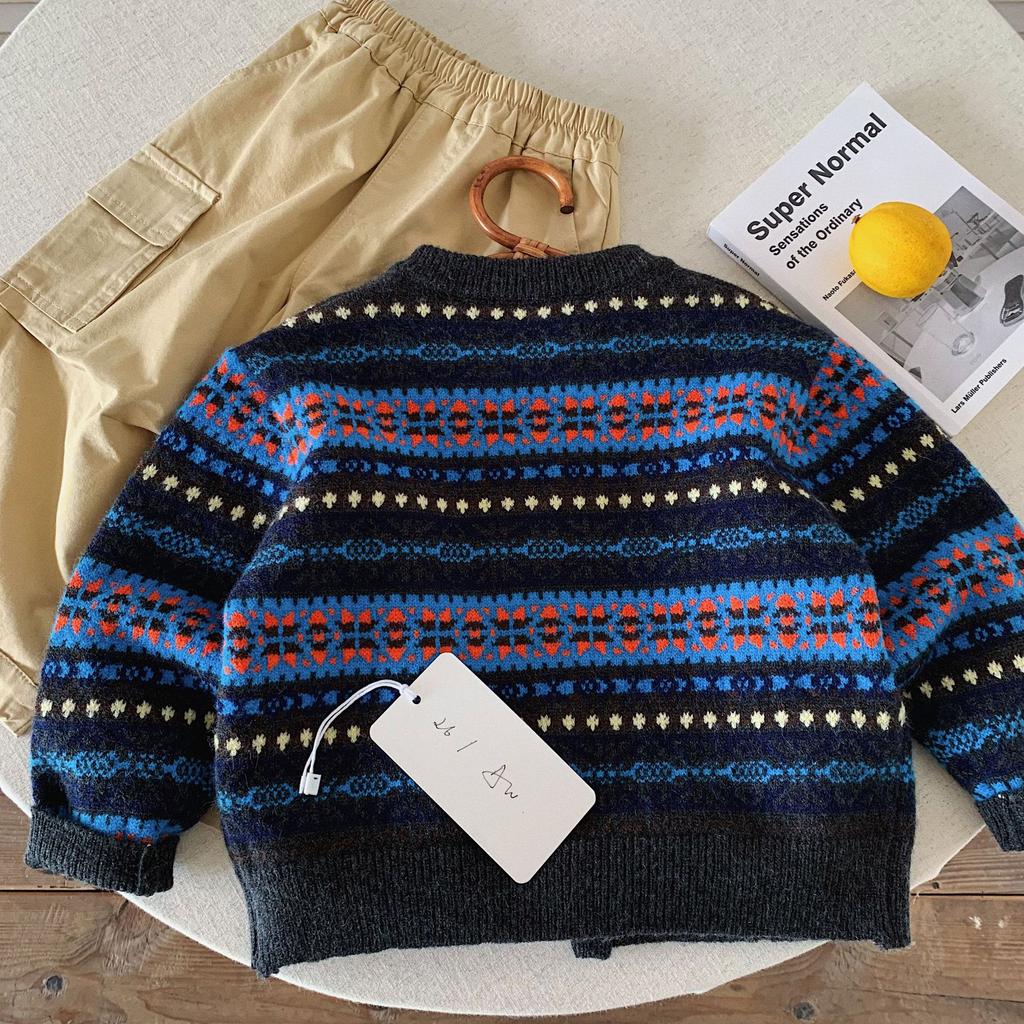 Boys Sweater Autumn New Children'S Foreign Style Jacquard Knitted Cardigan Baby Versatile Autumn Clothes