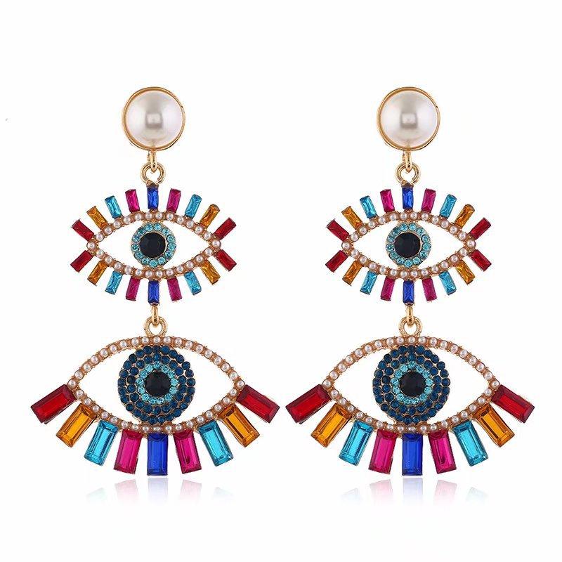 

Fashionable Exaggerated Earrings With Metal Hollow Fan-shaped Diamond-inlaid Devil s Eye Design. One Size