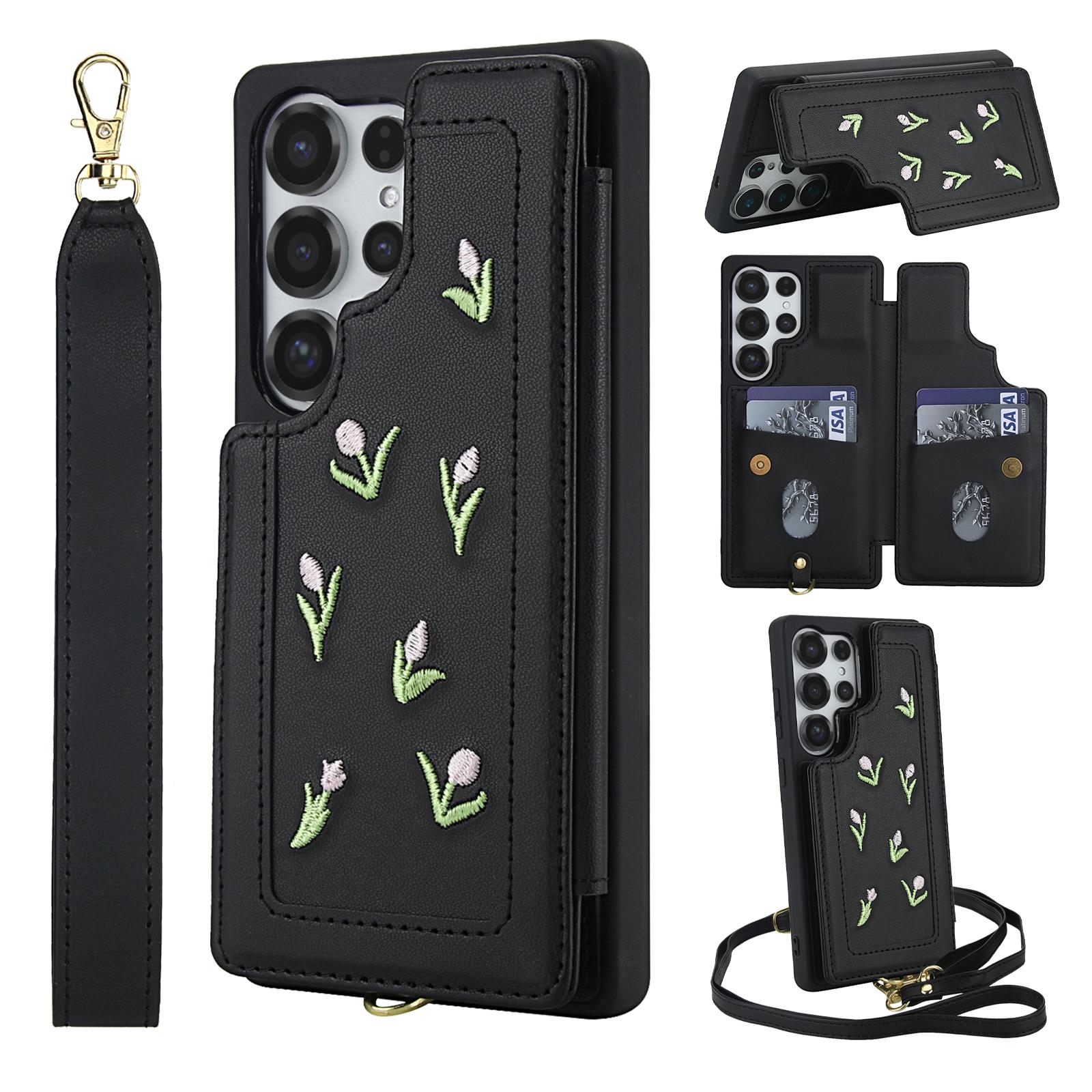 

For Samsung Galaxy S25 Ultra Case Embroidered Tulips PU Leather Card Holder Back Cover with Shoulder Strap/Wrist Strap Black