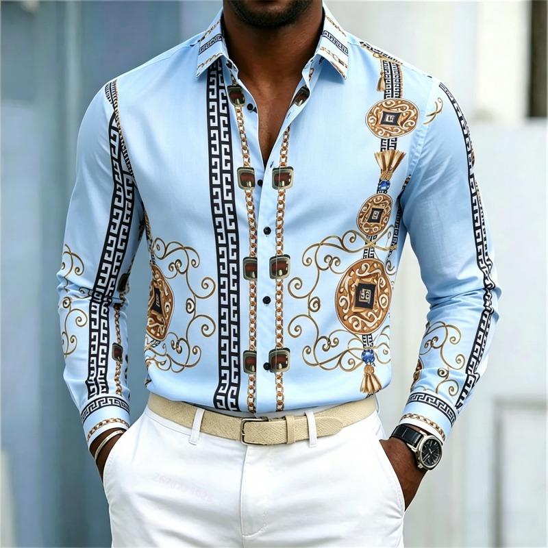New Men's Shirt Palace Style Shirt Black Gold Pattern Printed Slimming Long Sleeve Shirt Trendy Fashion Casual Men's Wear