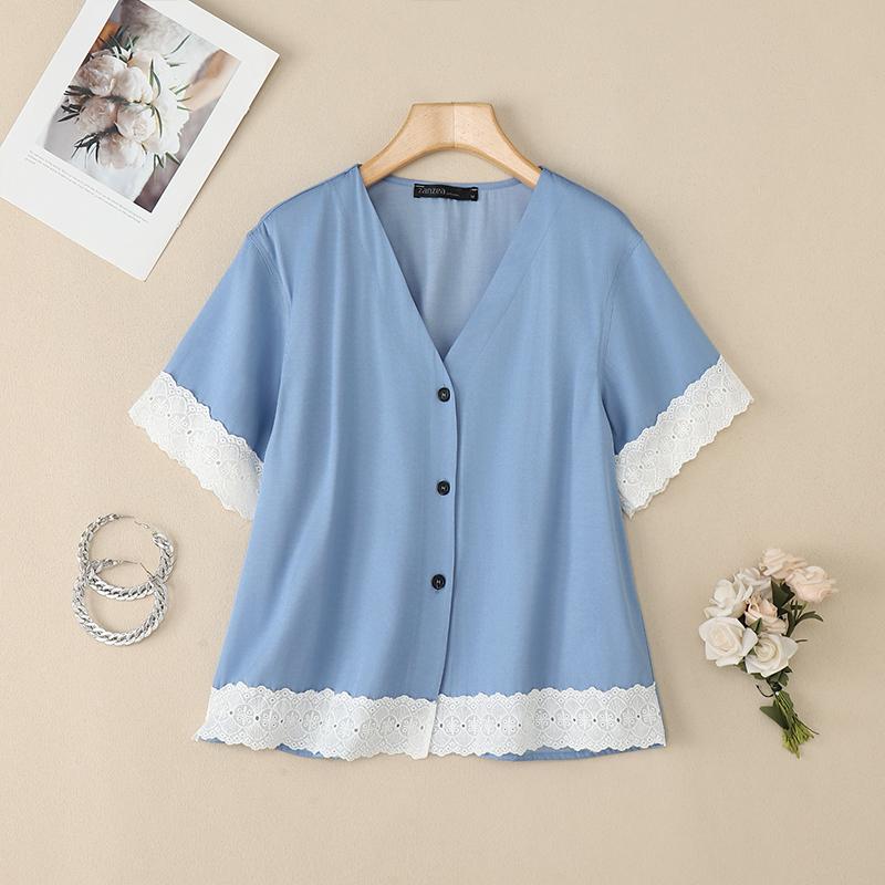 ZANZEA Women Casual V-neck Lace Patchwork Short Sleeve Loose Blouse