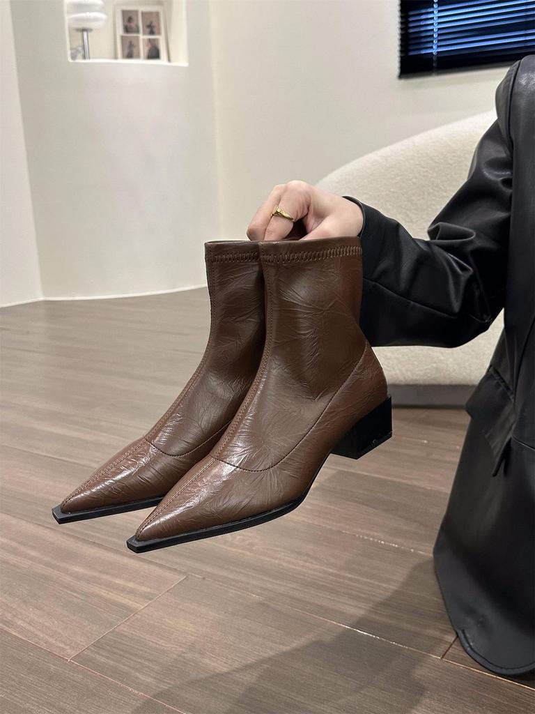 Thick Heel Pointed Head Thin Foreign Style Small Short Boots Women's Shoes 2025 New Silver French Temperament Spring and Autumn Single Boots