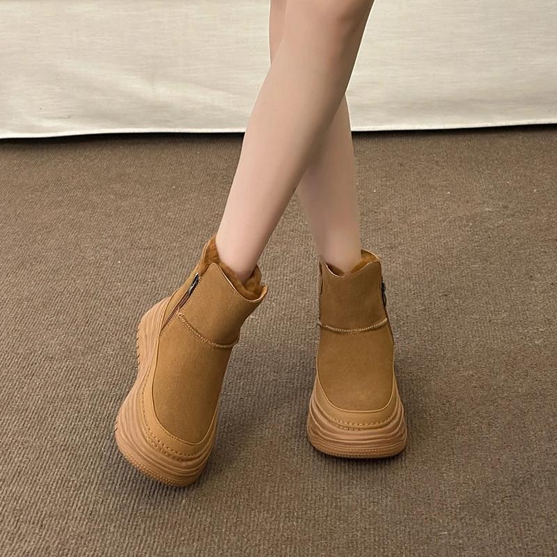 Shoes for Women 2024 New Zipper Women's Boots Winter Round Toe Solid Flock Plush Warm Mid Heel Water Proof Concise Snow Boots