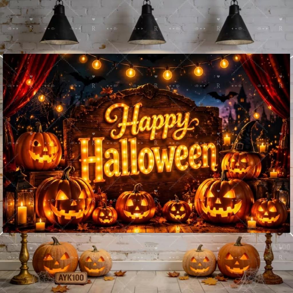 Halloween Decor Supplies Banner Spooky Graveyard Pumpkin Bat Skull Background Festival Party Decor Photography  Backdrop Props490