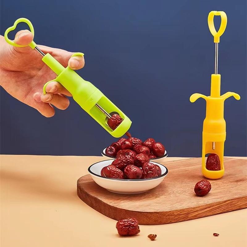 Odstraňovač pecek z červených datlí Ovoce Manuální Tvar stříkačky Odpeckovač ovoce Kuchyňské pomůcky S automatickým odskokem Odstraňovač jader Ramadánový dárek