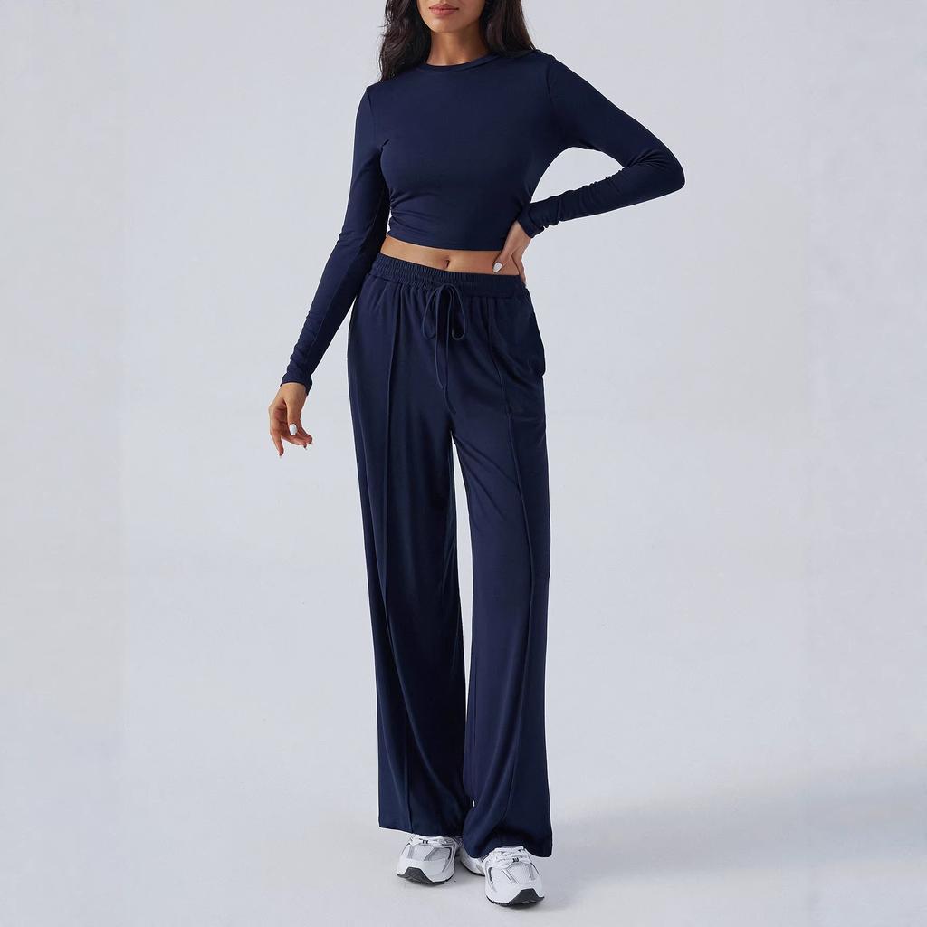 European and American Suits Autumn and Winter Women's Tether Solid Color Waist Fashion Wide-leg Casual Trousers Women