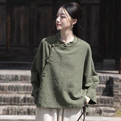 Damen Retro Zen Langarm Baumwolle Leinen Oberteil mit Froschknöpfen