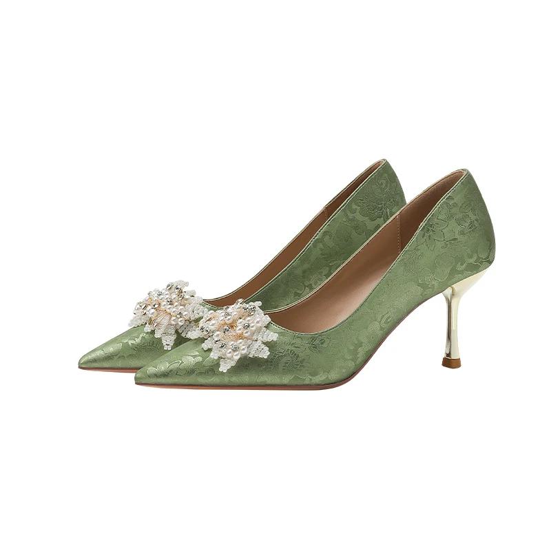 Fashion Shiny Crystal Buckle Luxury Wedding Shoes Women 2024 New Slip On High Heels Pumps Woman Pointed Toe Thin Heeled Party Shoes