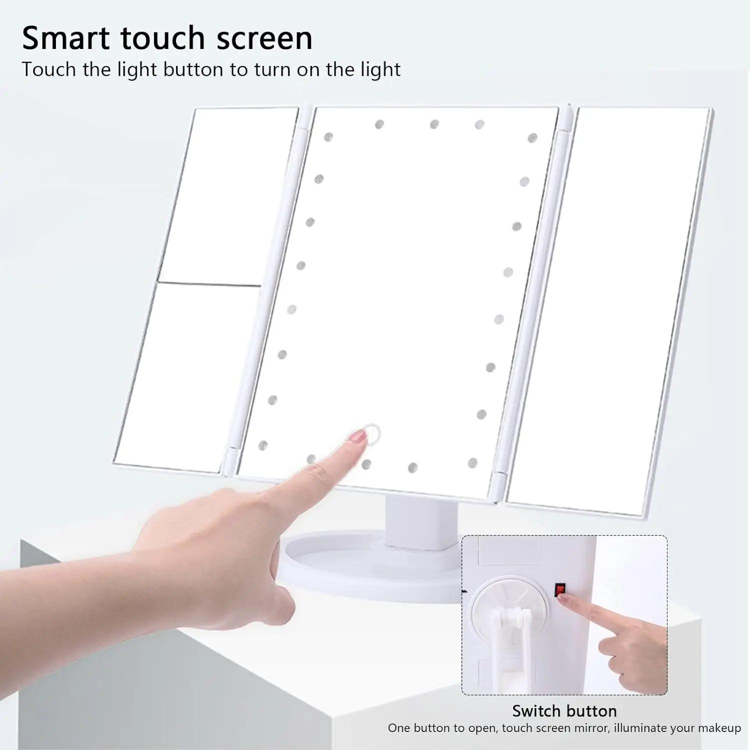 

Тройное складное зеркало для макияжа с подсветкой, 22 светодиода, сенсорный экран, зеркало для макияжа с 1-кратным, 2-кратным и 3-кратным увеличением белый
