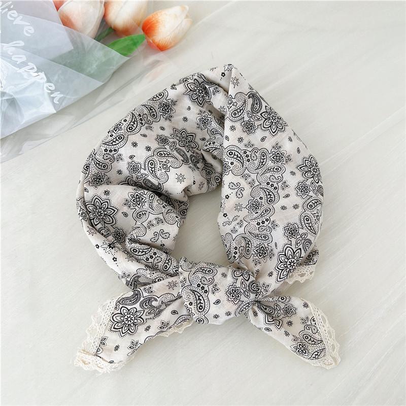 Cotton Linen Lace Edge Square Scarves 60cm Kerchief Neckerchief Bandanas Women Casual Neck Scarf Plaid Print Geometric Pattern