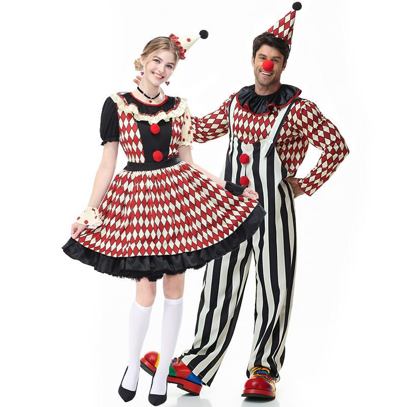 Costume de Clown de Cirque pour Couple Adulte Halloween Ensemble Rayé Fête Masquée Performance