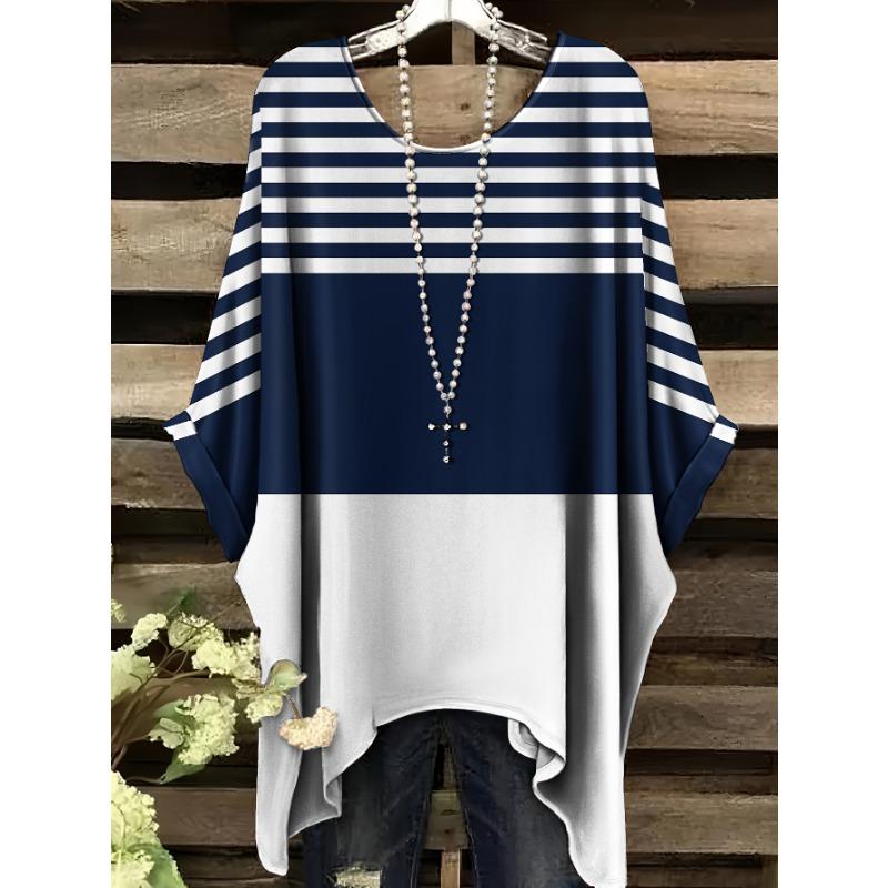 Large size blue and white striped printed short-sleeved women s top, navy striped printed T-shirt, accessories not included. 1XL