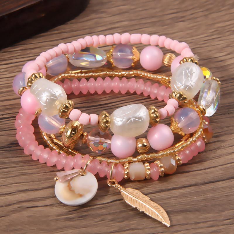 Famous Style Shell Leaf Pendant Mixed and Matched Beads Multi-layer Temperament Women's Bracelet Set