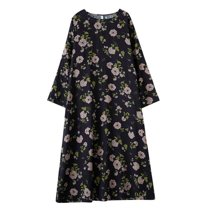 Summer Vintage Floral Linen Maxi Dress Long Loose Style Plus Size Women Lady Dress