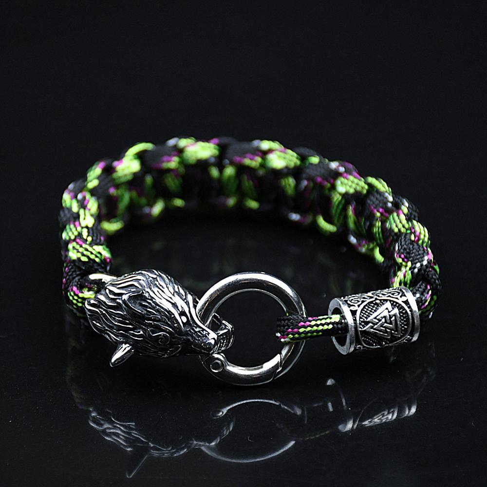Stainless Steel Wolf Bracelets Men Norse Vikings Runes Paracord Rope Bangle Jewelry for Men