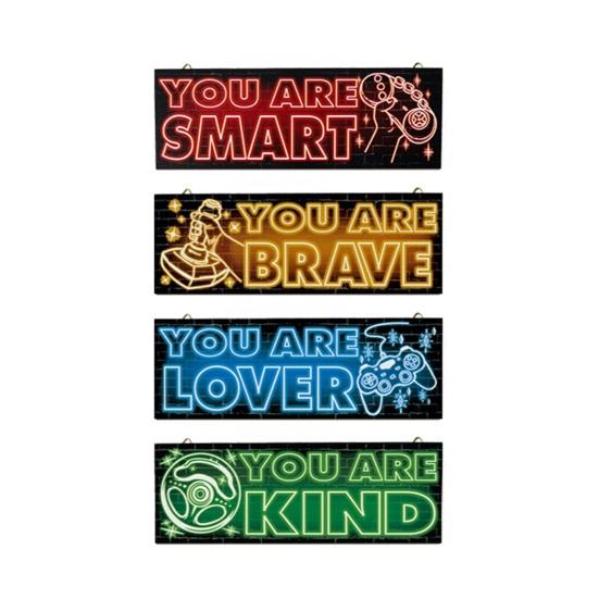 1/4Pcs Neon Light Effect Wall Decoration Wooden Game Theme Wall Art Sign Home Bedroom Gaming Room Cyberpunk Hanging Ornament