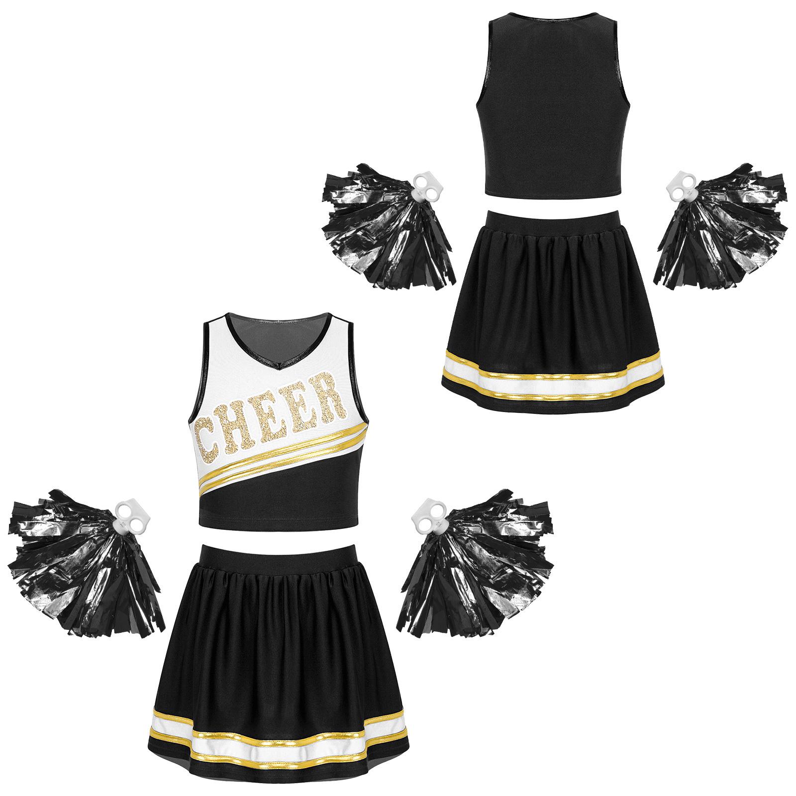 

Уніформа для дівчаток, яка займається черлідингом, уніформа, карнавальний костюм на Хелловін, косплей, жилет із плісированою спідницею та ручними квітами 5-6 Years чорний
