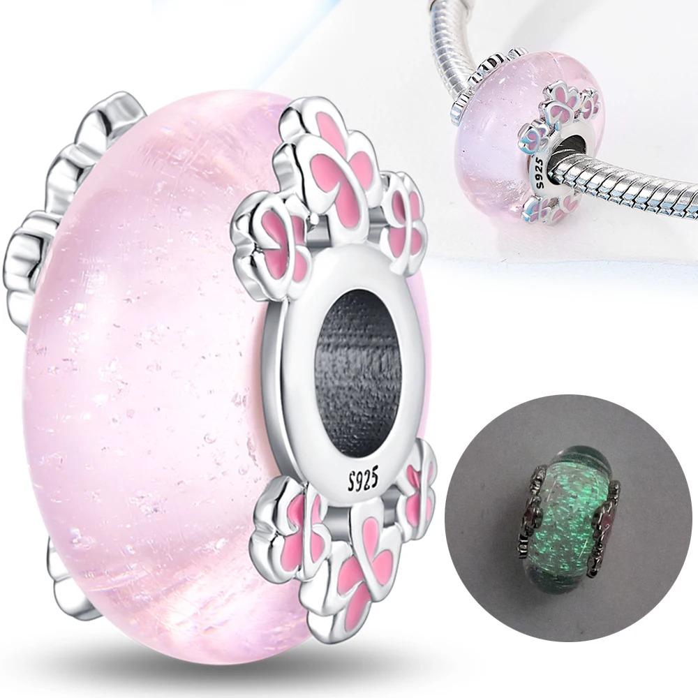 Original Rosa Glasperlen Blaue Romantische Perlen 925 Silber Charms für Frauen DIY Schmuckherstellung Armband Passend