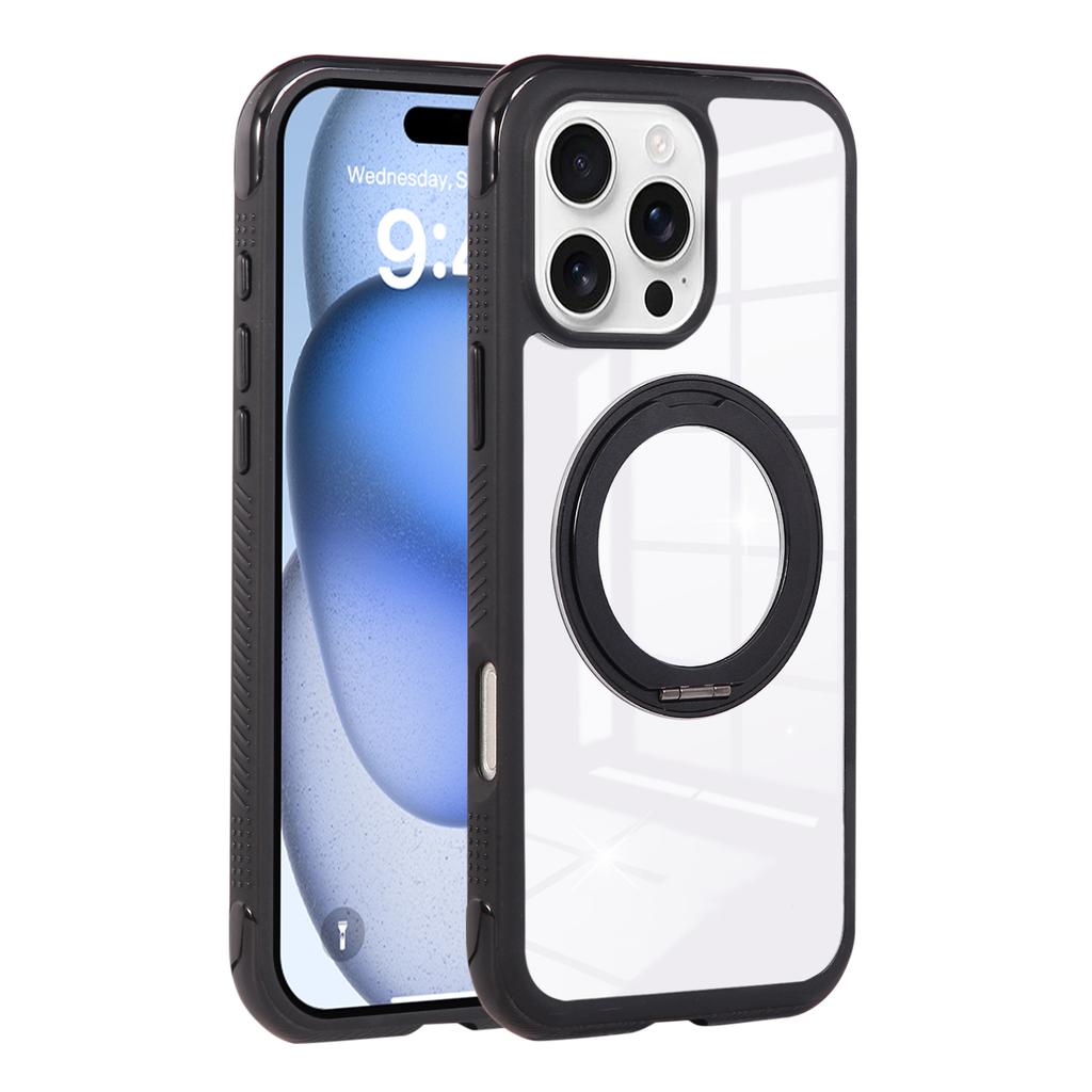 For iPhone 16 Pro Max Magnetic Case Stress Relief Kickstand TPU + PC Transparent Protective Phone Cover