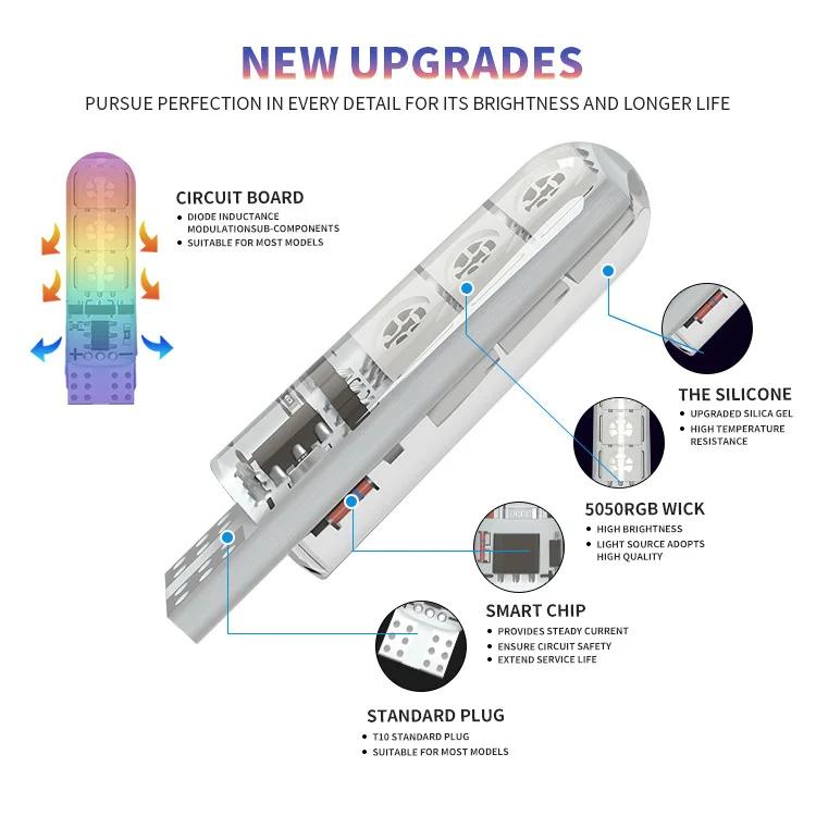 2/4pcs T10 W5W Led 194 168 W5W 5050 SMD Car Dome Reading Light Automobiles Wedge Lamp RGB LED Bulb With Remote Controller